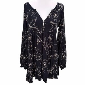 Billabong Black Cream Flower Dance Mini Dress Medium Long Sleeve Flowy Beach
